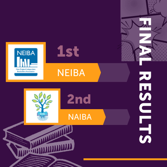 A purple background with lighter purple book and comic illustrations in the upper right and bottom left corners. The title reads Final Results. The top orange banner has a title that reads 1st and the banner reads NEIBA with the organization's logo in orange box to the left. The bottom orange banner has a title that reads 2nd and the banner read NAIBA with the organization's logo in orange box to the left.